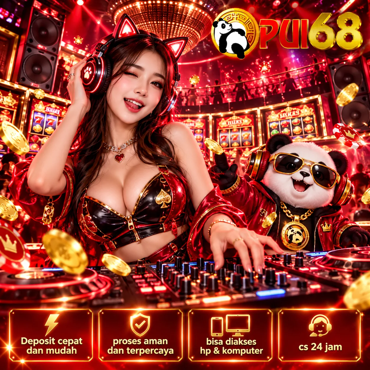 Banner PUI68 1 ilustrasi game online dan hiburan digital bernuansa merah emas