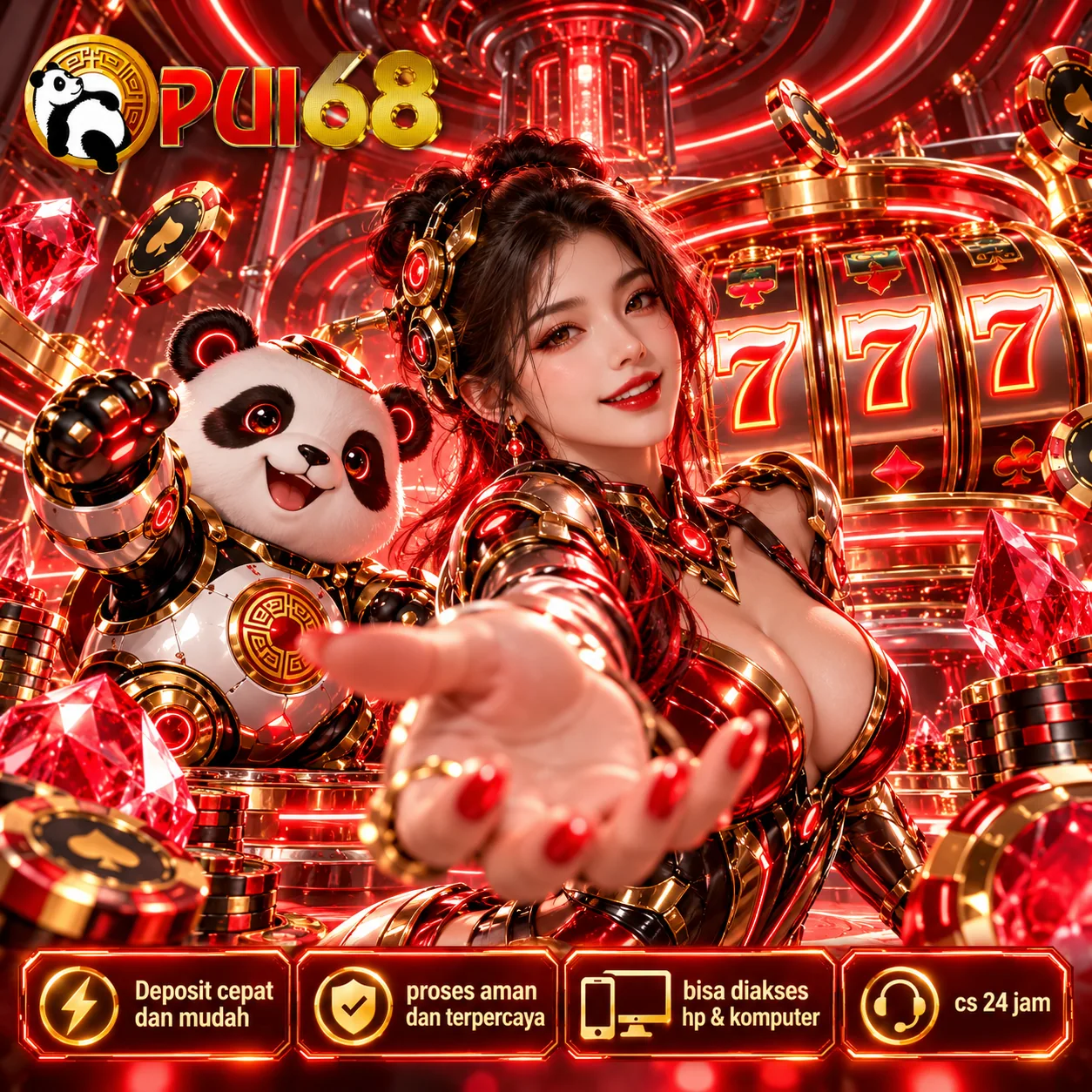 Banner PUI68 2 ilustrasi game online dan hiburan digital bernuansa merah emas