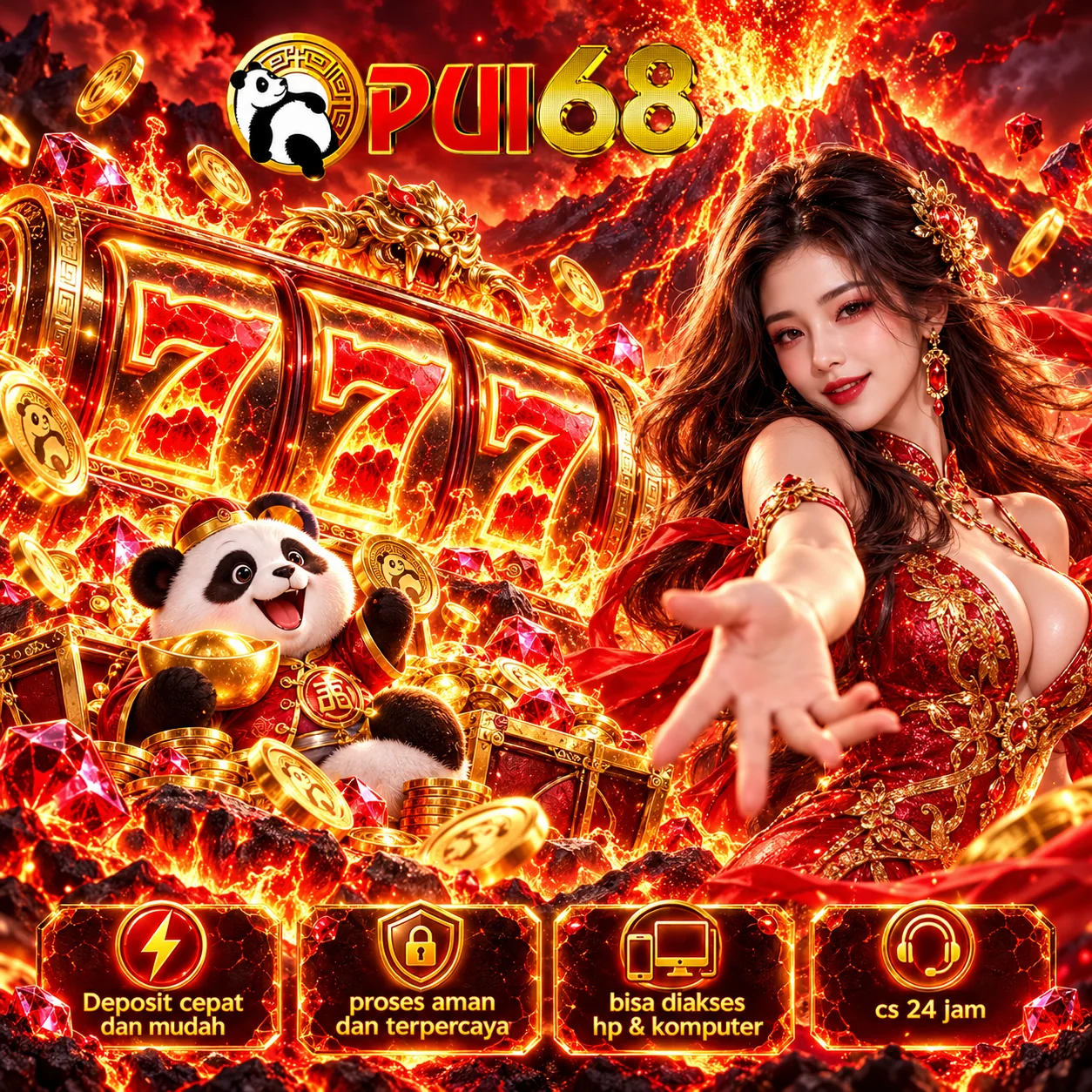 Banner PUI68 3 ilustrasi game online dan hiburan digital bernuansa merah emas